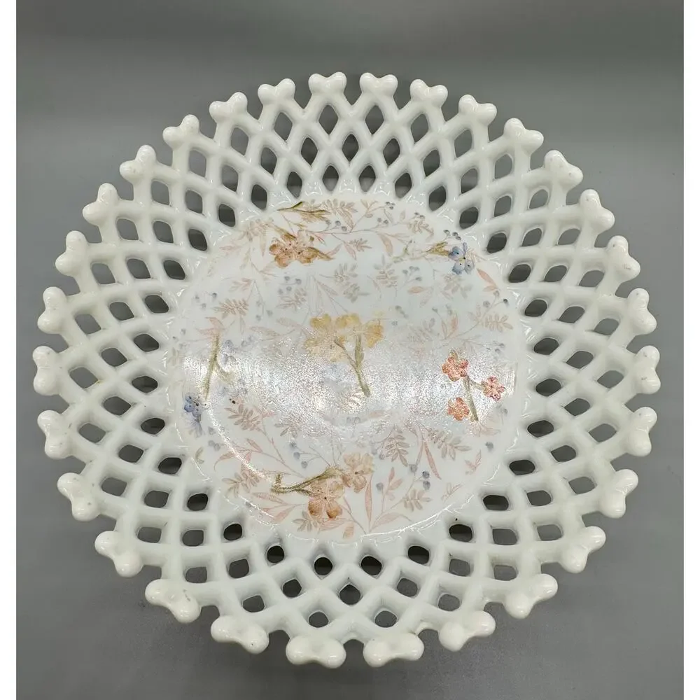 Vtg. Milk Glass Painted Floral Bowl Basket weave Lattice Fruit Compote Open Lace